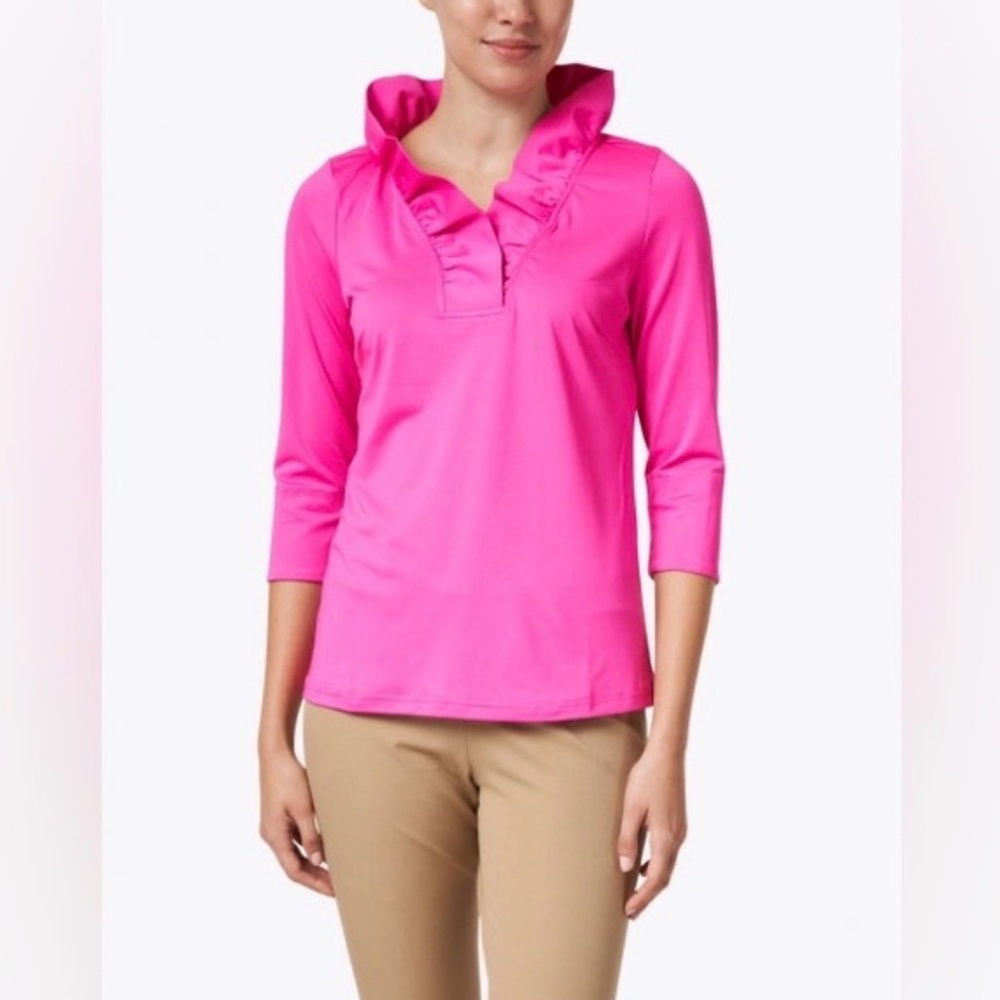 Gretchen Scott Designs Bright Fuchsia Ruffle V-Neck 3/4 Sleeve Top